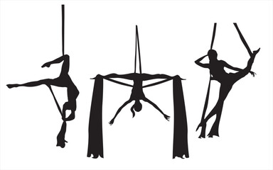 Silhouette of a girl is engaged in aerial acrobatics. Aerial silk dancer in vector. Set of illustrations on a white background.