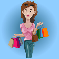 Vector illustration, a woman carrying a lot of groceries.