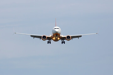 Fototapeta na wymiar Passenger jet plane flies in the sky. Air transport industry