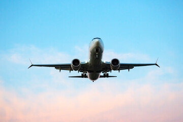 Passenger jet plane flies in the sky. Air transport industry