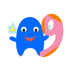 Monster blue cute funny kind with wings and festive congratulatory number nine isolated on white background. Design element for a childrens book or postcard. Vector illustration