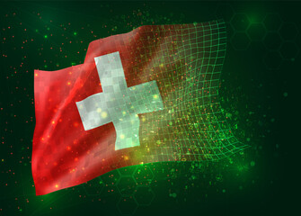 Switzerland, on vector 3d flag on green background with polygons and data numbers