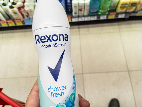 BELGRADE, SERBIA - JULY 20, 2021: Rexona logo on a spray of deodorant for sale in Belgrade. Rexona is an australian brand of deodorant and antiperspirant part of Unilever group...