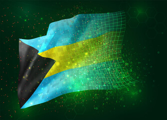 Bahamas, on vector 3d flag on green background with polygons and data numbers