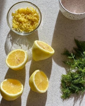 Lemons and dill in sunlight