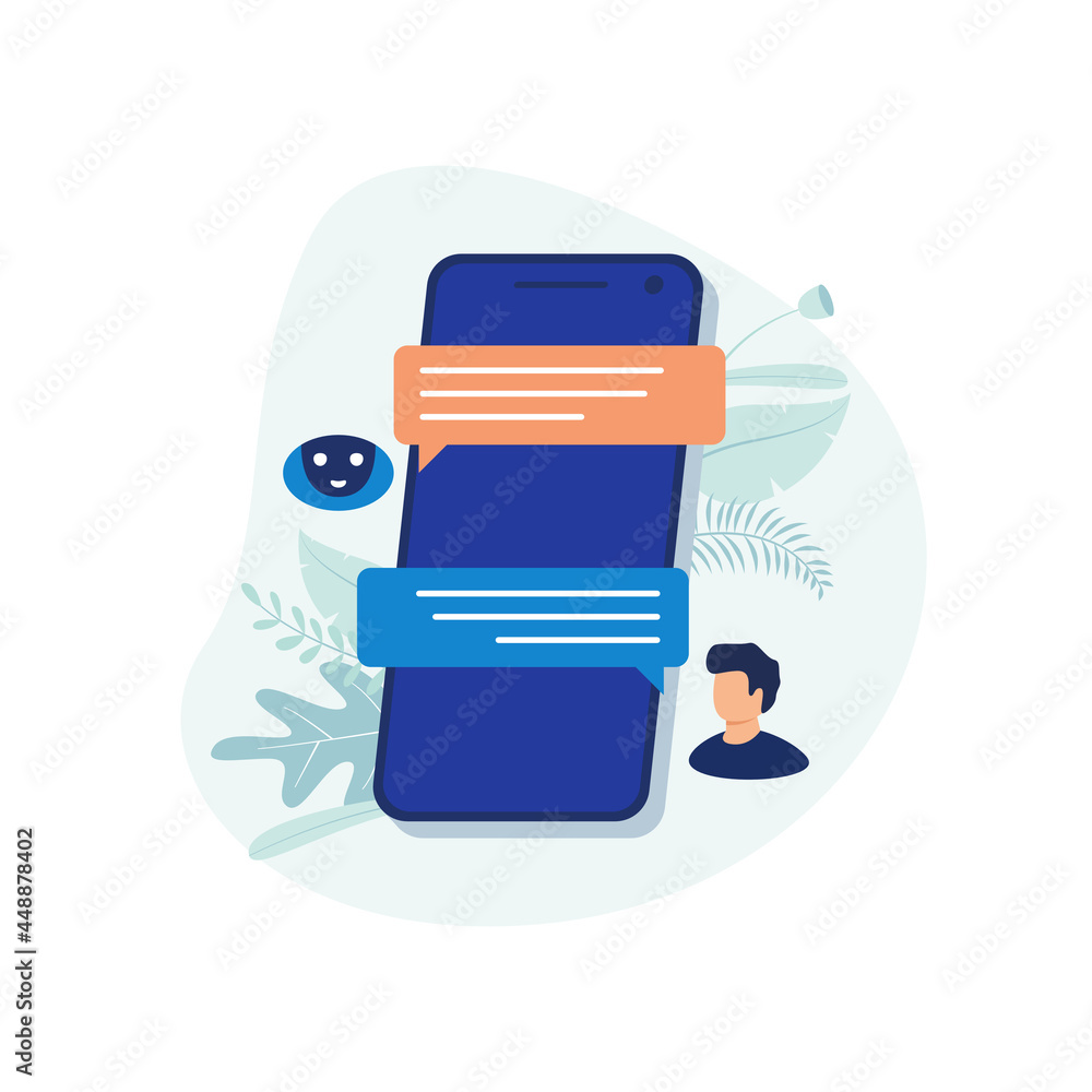 Poster chat bot messages. smart chatbot assistant conversation, online customer support robot and talking t