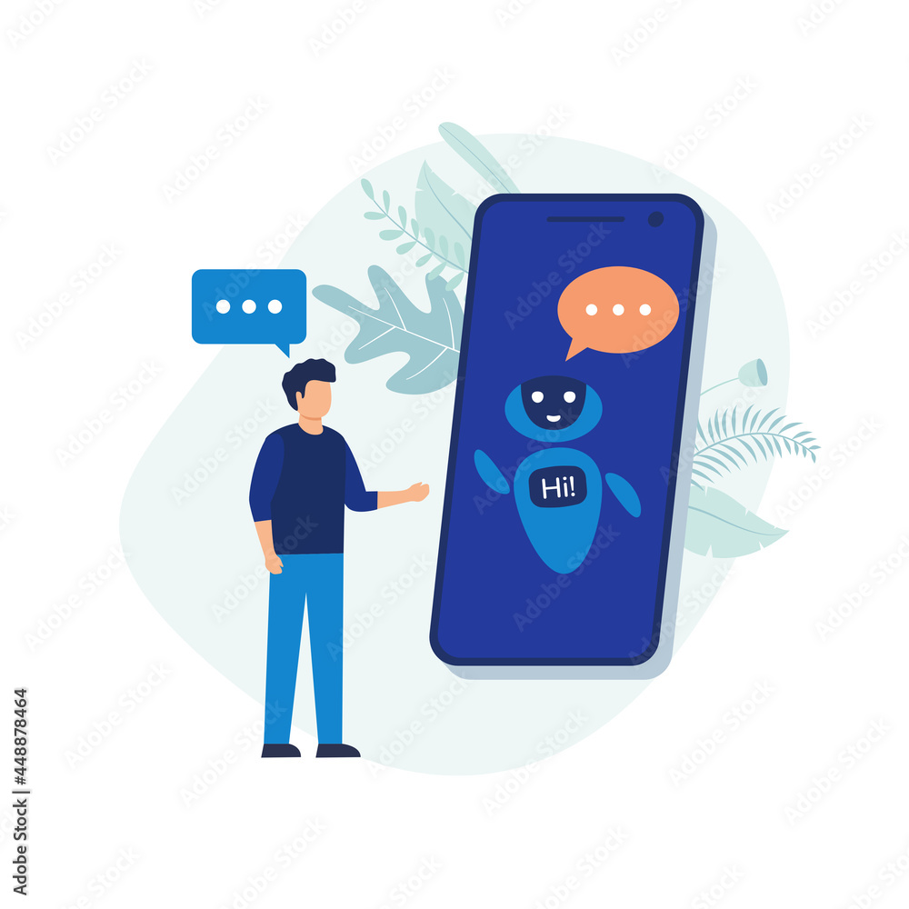 Poster chatbot concept. man talking to robot. customer support service robot, artificial intelligence dialo
