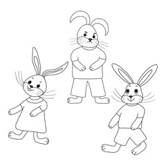 Cute little rabbits, line art illustration. Funny cartoon rabbits, for print on t-shirts, kids wears, baby  invitation cards, coloring books