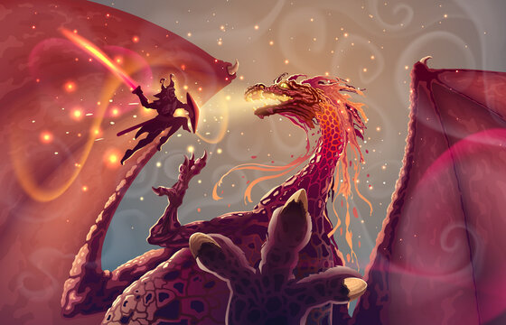 Brave samurai with sword attacks a Japanese dragon in flight, fantasy illustration with battle of warrior and reptile monster. Magic asian landscape with fire breathing dragon and fighter silhouette.