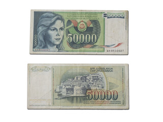 Closeup shot of late Yugoslavian dinar banknote of 5000 dinars - obrazy, fototapety, plakaty