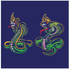 Fototapeta premium naga illustration. the snake in thai myth. Snake logo in traditional Thai art, Naga Thai dragonNaga line art colours vector. King Naga big snake thai art graphic vector.