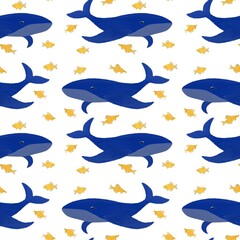 Seamless pattern with whales and fishes in hand drawn style for print, fabric, wallpaper, tiles. Digital illustration with marine animals on white background