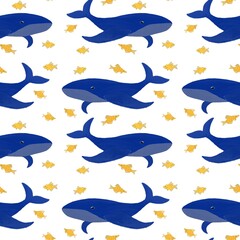 Seamless pattern with whales and fishes in hand drawn style for print, fabric, wallpaper, tiles. Digital illustration with marine animals on white background