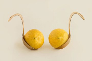 Woman’s breast in golden bra, made of couple of lemons and gold ladles, isolated on pastel beige background. Minimal erotic summer conceptual arrangement with citrus fruits and kitchen equipment. - obrazy, fototapety, plakaty