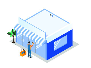 Professional worker of cleaning service scrubbing window isometric 3d vector concept for banner, website, illustration, landing page, flyer, etc.