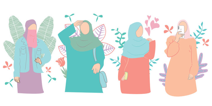 bundle of pastel colored  HIjab Women with floral decorative Suitable for Islamic Illustration