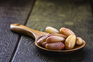 spoon with cooked pinhão seeds, a typical culinary ingredient from southern Brazil