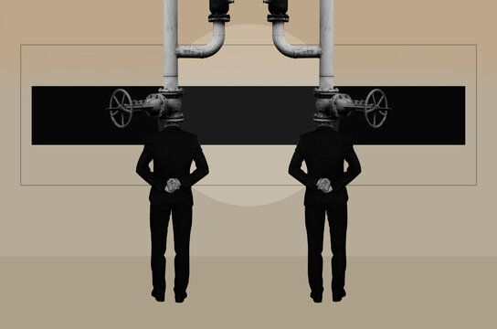 Two men with a gas pipes instead of  heads