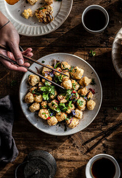 Asian food table : Fried Tofu with tempura artichokes 