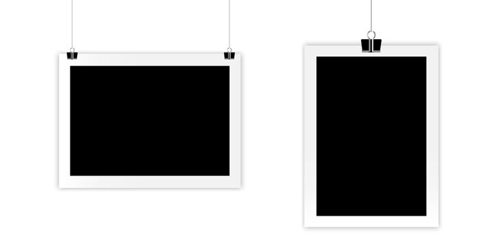 Retro frames on clips. Camera icon. Photo frame. Empty snapshot frame template. Vector illustration. Stock image.