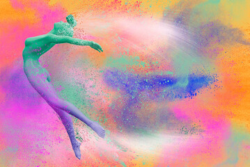 Female dancing figure with colorful bursts