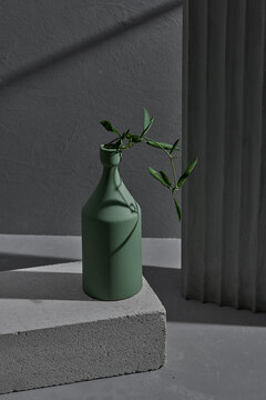 Abstract geometric shape dark green color minimalistic scene with podium, vase