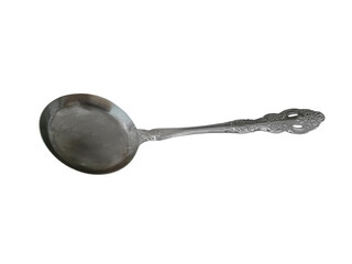 men's hand stainless steel soup spoon isolated on white background