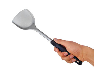 men's hand holding spatula isolated on white background