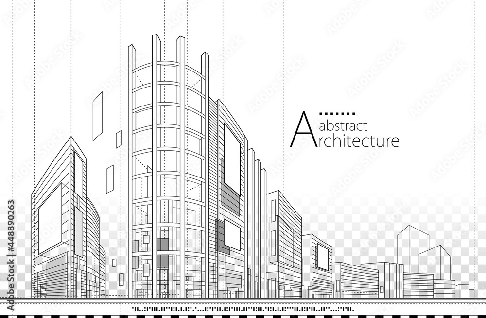 Aufkleber 3D illustration linear drawing. Imagination architecture urban building design, architecture modern abstract background. 