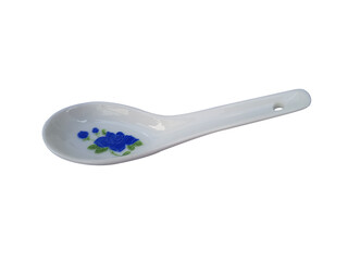 men's hand holding chinese ceramic soup spoon  isolated on white background