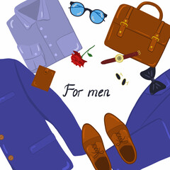 Elegant men's fashion, suit uniform with neatly folded jacket, trousers, shirt, tie, cufflinks, wallet, wristwatch, briefcase, glasses and shoes. Postcard for men. Vector illustration.