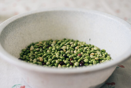 Shelled green beans in plastic bowl on table
