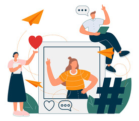Illustration of a selfie woman in a social profile frame, followers with phones in their hands are standing near. The concept of Social Media Marketing and promotion in social networks