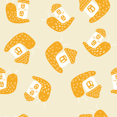 Hand drawn vector seamless pattern of snails with houses. Perfect for scrapbooking, greeting card, poster, textile and prints. Doodle style illustration for decor and design.
