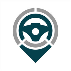 Steering Wheel Map Location Navigation Logo.  Pin Car Point Automotive Logo Design Template