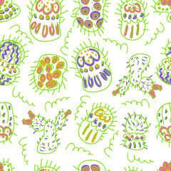 Hand drawn seamless pattern of cacti doodles. Perfect for scrapbooking, greeting card, poster, textile and prints. Vector illustration for decor and design.