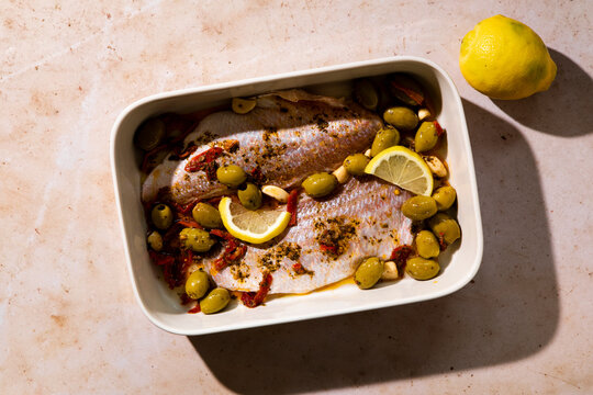 Seafood dish prepped to be cooked