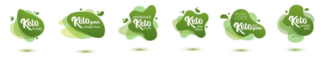 Keto frendly badge set. Green amoeba design of sticker for keto diet menu, poster, flyer. - obrazy, fototapety, plakaty