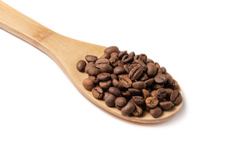 Fototapeta premium Coffee beans on wood spoon isolated on white background