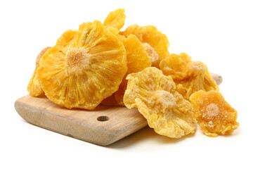 Dried pineapple rings on white background