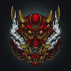 artwork illustration and t shirt design black and white oni mask engraving ornament