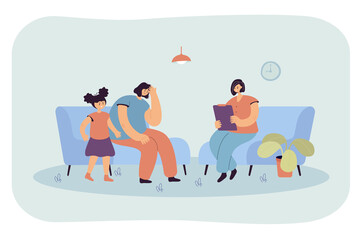 Mom and daughter at psychologist appointment. Flat vector illustration. Woman and girl solving psychological problems with specialist. Psychotherapy, psychology, help, family, relationship concept