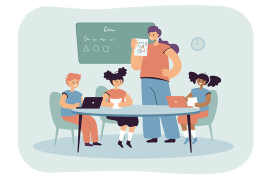 Teacher showing children pictures with geometric shapes. Flat vector illustration. Children sitting in classroom at table with laptops, studying Geometry. Learning, education, school concept