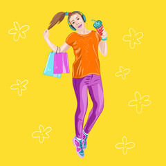 Illustration stylization of a happy girl after shopping on a white isolated background. High quality illustration
