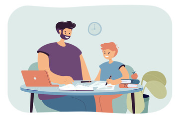 Dad helping his son doing his homework. Flat vector illustration. Parent and child sitting at table, teaching with books, laptop, boy reading and writing. Home education, parenting, support concept