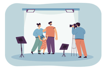 Cartoon photographer taking photo of parents and kid in studio. Flat vector illustration. Mom, dad and daughter posing in front of camera, making portraits for memory. Family, photography concept