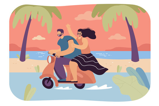 Happy man and woman riding motorbike along seaside. Flat vector illustration. Young couple travelling by scooter, romantic trip during summer holiday. Romance, holiday, vehicle, journey concept