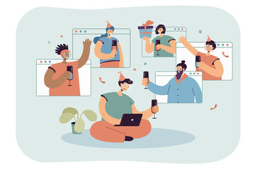 Online birthday party video call. Flat vector illustration. Group of people drinking, celebrating, having fun together in digital space while quarantine. Computer, home, party, hangout concept