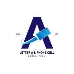 Simple and modern initial logo letter A combining with blue smartphone. Suitable for technology and internet business