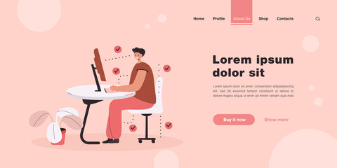Man showing correct position for sitting at desk flat vector illustration. Cartoon man sitting on chair and using computer. Ergonomic work in office and healthy posture concept